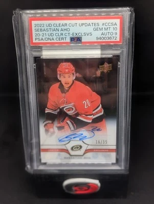 2020-21 Upper Deck Sebastian Aho #283 Clear Cut UD Exclusives PSA 10 Auto 9 - Image 1 of 2