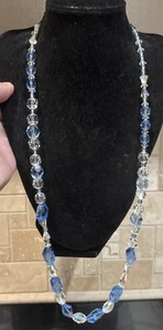 Vintage  Blue & Clear Crystal Bead Necklace Unique Shape! 28” - Picture 1 of 7
