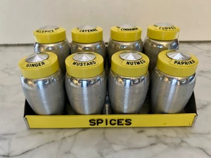 Vtg Kromex Yellow Aluminum Wall Mount Spice Jar Set of 8 Canisters Rare Mid-Cent - Picture 1 of 18