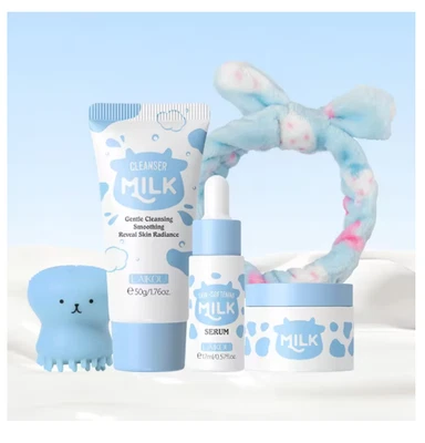 LAIKOU Milk Skincare Set Softening Serum Moisturizier Gentle Cleanser Travel Kit