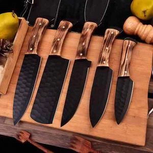 JUEGO DE CUCHILLOS DE CHEF CON REVESTIMIENTO NEGRO ACERO FORJADO A MANO PERSONALIZADO CON BOLSA CUCHILLOS DE COCINA 55 - Imagen 1 de 3