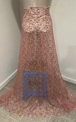 Rose Pink  Embroidery Sequins Lace Fabric 50” Width Sold By Yard - Image 1 of 4