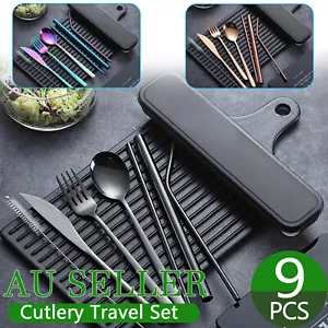 9pcs Premium Cutlery Travel (Portable) Set Stainless Steel (Knife, Fork, Spoon) - Picture 1 of 15