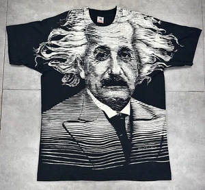Vintage 90s Albert Einstein Hanes AOP T Shirt XL Black Physics Nerd Rare - Picture 1 of 16