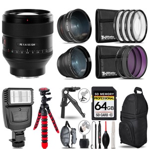 Sony FE 85mm f/1.4 GM Lens -3 Lens Kit + Flash + Tripod - 64GB Kit