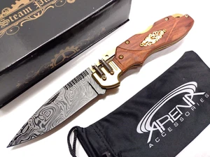 Ornate Western Steampunk Pocket Knife Manual Open Folding Lock Back Gold Wood - Picture 1 of 6