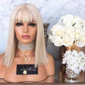 100% Human Hair Platinum Blond Bob Wigs with Bangs Lace Front Wigs 13x4 - Picture 1 of 6