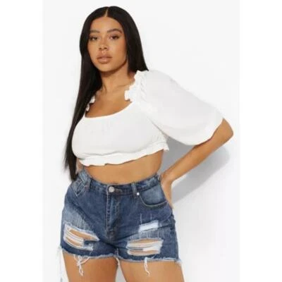 Pantalones Cortos de Jean Boohoo Plus 20 Denim Desgastados Deshilachado Dobladillo Cintura Alta Azul Foto 1 de 4