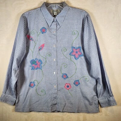 Haband! Camisa de guinga azul blanca Country Cottagecore bordada floral para mujer M Foto 1 de 4