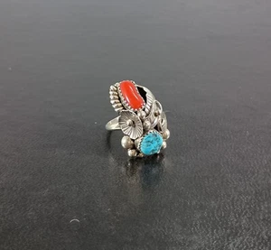 Native America Navajo Sterling Silver Coral & Turquoise Ring Max Calladitto 8.50 - Picture 1 of 9