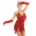 Women Halter Neck Latin Salsa Tango Ballroom Dance Costume Tassels Sequin Dress