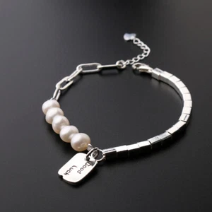 D08 Armband asymmetrisch Quader eckig Süßwasserperlen Ankerkette 925 Silber - Bild 1 von 10