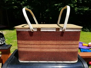 Vintage Redmon 1950s picnic basket wood lid metal handles - Picture 1 of 11