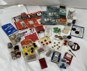 Vintage Lot Of Sewing Supplies - Wood Spools Buttons Pins Needles Eyelets Hooks - Picture 1 of 15