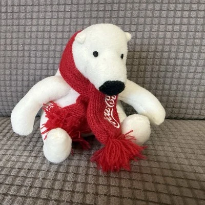 Coca-Cola Coke Mini Bear Plush Stuffed Animal White Polar Bear Red Winter Scarf  - Image 1 of 4
