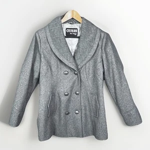 Guess Wool Coat Women’s Sz L Gray Double Breasted Knit Collar Winter Classic - Picture 1 of 8