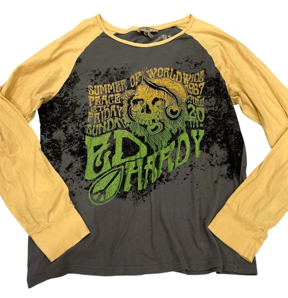 Camiseta de béisbol vintage Y2K gris y amarillo unisex adornada Ed Hardy manga larga Foto 1 de 4