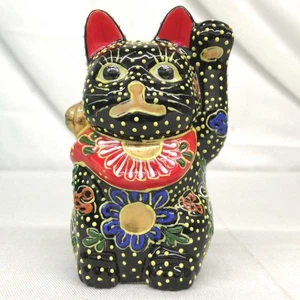 Maneki Neko winkende Glückskatze Kutani Ware Porzellan schwarz mit BOX - Bild 1 von 7