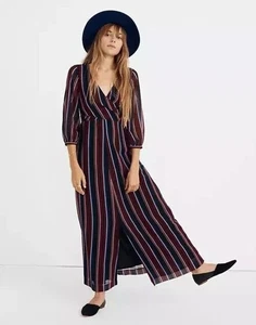 Madewell Maxikleid Damen 8 Wickeloptik schwarz rot blau gestreift V-Ausschnitt 3/4 Arm - Bild 1 von 10