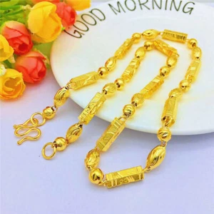 24K Yellow Gold Plated Hexagon Bead Fashion Men's Chains Necklace 7mm 24" - Picture 1 of 5
