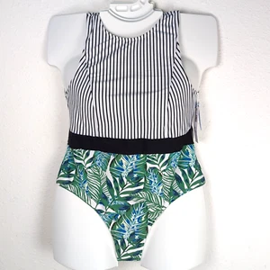 Cupshe One Piece Swimsuit 1X 16W-18W White Black Striped Tropical Halter - Picture 1 of 10