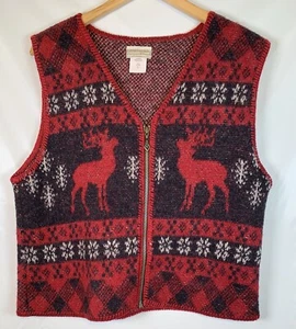 Chaleco de reno Coldwater Creek 100 % lana rojo negro vintage con cremallera frontal para mujer grande - Imagen 1 de 5