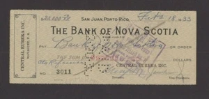 ANTIQUE BANK CHECK / BANK OF NOVA SCOTIA / CENTRAL EUREKA / PUERTO RICO 1933 #3 - Foto 1 di 4