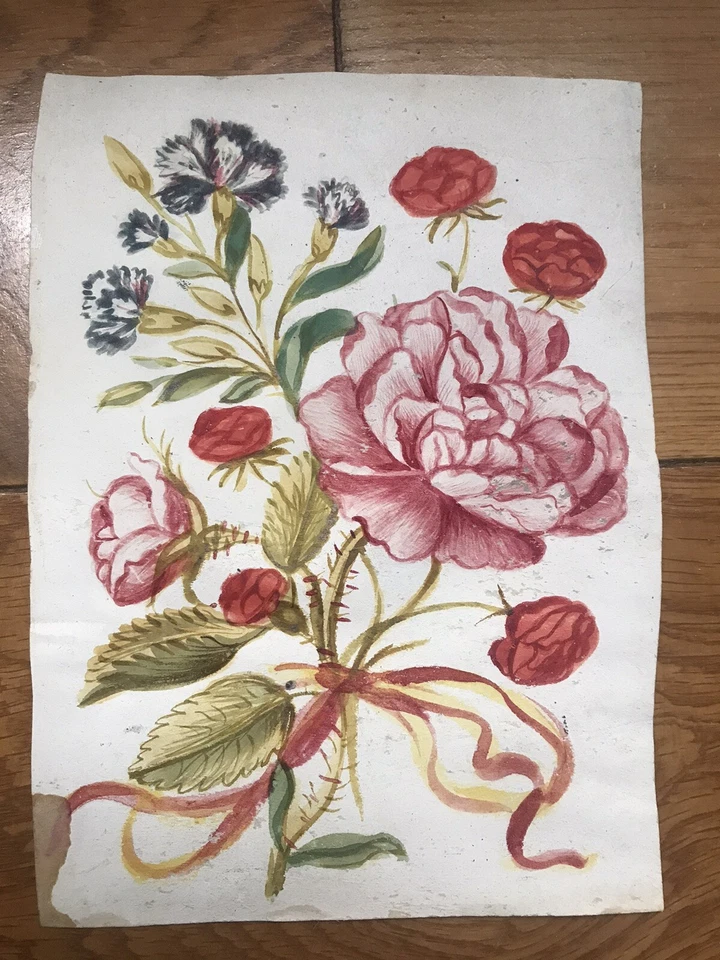 ÉCOLE FRANÇAISE DESSIN ANCIEN GOUACHE SUR VÉLIN FLEURS XVIII 18eme MINIATURE - Photo 1/4