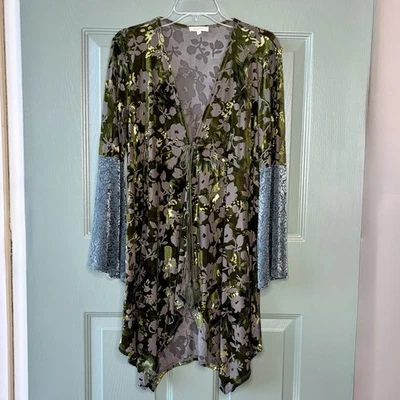 Velvet Burn Out Cardigan Womens Small Green Blue Bell Sleeve Y2K Forest Fairy - Image 1 of 4