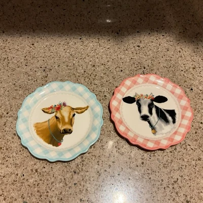 Lote de 2 platos del desierto de 7" de gres de vaca guinga verde azulado y rosa Pioneer Woman Foto 1 de 4
