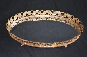 Hollywood Regency Vintage gold metal footed mirrored oval vanity tray flowers - Picture 1 of 5