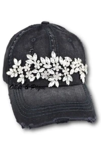 NWT Glitz Distressed Baseball Hat by Olive & Pique - Black - Picture 1 of 1
