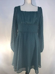 SHEIN Size Large Forest Green Dress Swiss Dot Sheer Sleeves #882 - Picture 1 of 13