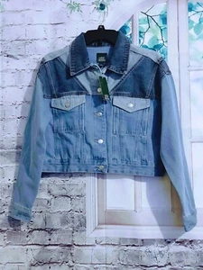 DENIM PATCHWORK CROPPED 100% COTTON JACKET WOMEN'S SIZE S - Picture 1 of 6