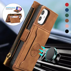 For iPhone 15 14 13 12 11 Pro Max XS XR 87+ Magnetic Zipper Leather Wallet Case  - Picture 1 of 20