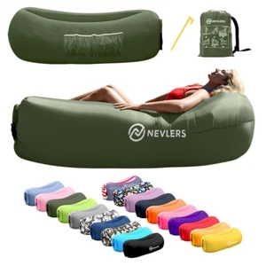Tumbona inflable verde militar Nevlers con bolsa de viaje y bolsillos - Imagen 1 de 9