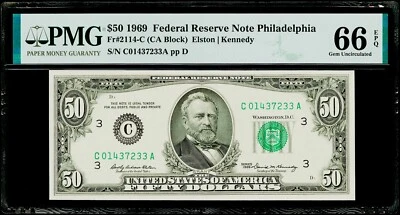 $50 1969 Federal Reserve Note Philadelphia Fr#2114-C PMG 66 EPQ Gem Uncirculated - Image 1 of 3