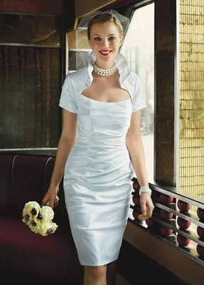 GALINA Davids Bridal 8P Short Strapless White Taffeta Sheath Wedding Dress Shrug - Image 1 of 4