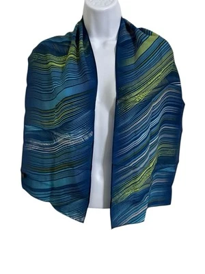 Bufanda Gráfica Vintage 100% Seda Azul/Verde/Negro/Blanco Patrón Onda Ligera Foto 1 de 4