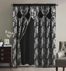 Jacquard Luxury Window 2 Panel Set Black Curtain with Attached Valan - Picture 1 of 7