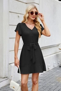 2025 Spring/Summer New Black V-neck Belt Button Open Short Sleeve Dresses - Picture 1 of 26