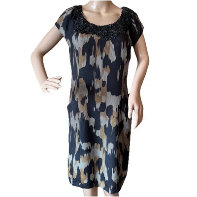 Vintage Classiques Entier Silk Dress Black Abstract Size 14 Beaded Embellished - Image 1 of 4