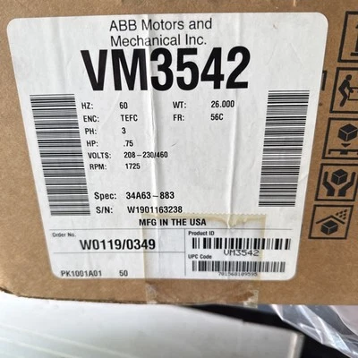 Baldor 3/4 HP 3 Phase Motor VM3542 208-230/460 Volt 1725 RPM 56c Frame - Image 1 of 2