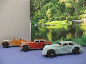 3 Pcs. It's A Beaut Structo 1930 - 1940 4" Red Blue Orange Police Taxi Sedan - Picture 1 of 6