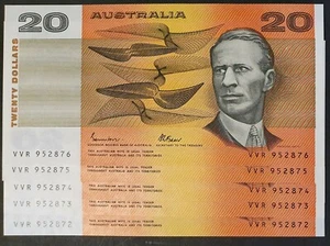 1985 Australian R409a Johnston/Fraser $20 - 5 Consecutive Banknotes VVR Prefix - Picture 1 of 8