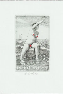 "Grabado Original Exlibris ""Chica con Mariposa"" de ODEHNAL ANTONIN (1931-2017) - Imagen 1 de 1