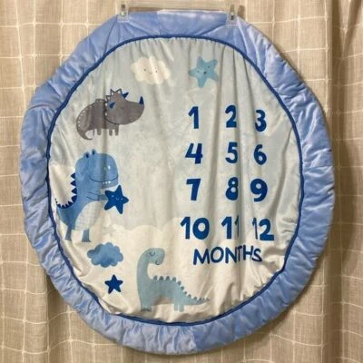 婴儿每月里程碑毯恐龙主题蓝色摄影道具生长图 — 第 1/4 张图片