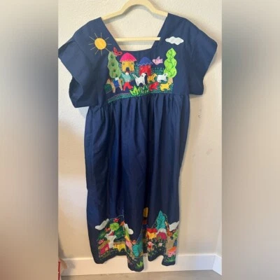 Ручной работы вручную вышитый винтажный мексиканский Huipil платье кафтан платье синий богемное - Изображение 1 из 4