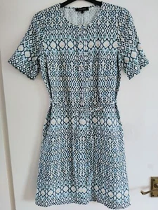 Jaeger Size 8 Linen Shift Dress. Short Sleeve Belted Multi Coloured Patterned - Picture 1 of 10