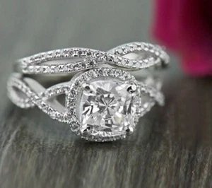 Halo-Brautring-Set Halo im Kissenschliff 3,10 kt simulierter Diamant 14 kt We... - Bild 1 von 3